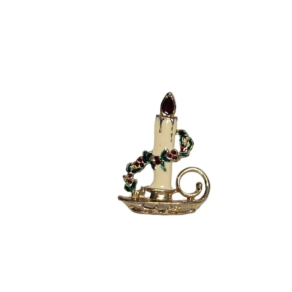 Vintage Holiday Christmas Enamel Candle white Green Red Pin‎ Brooch